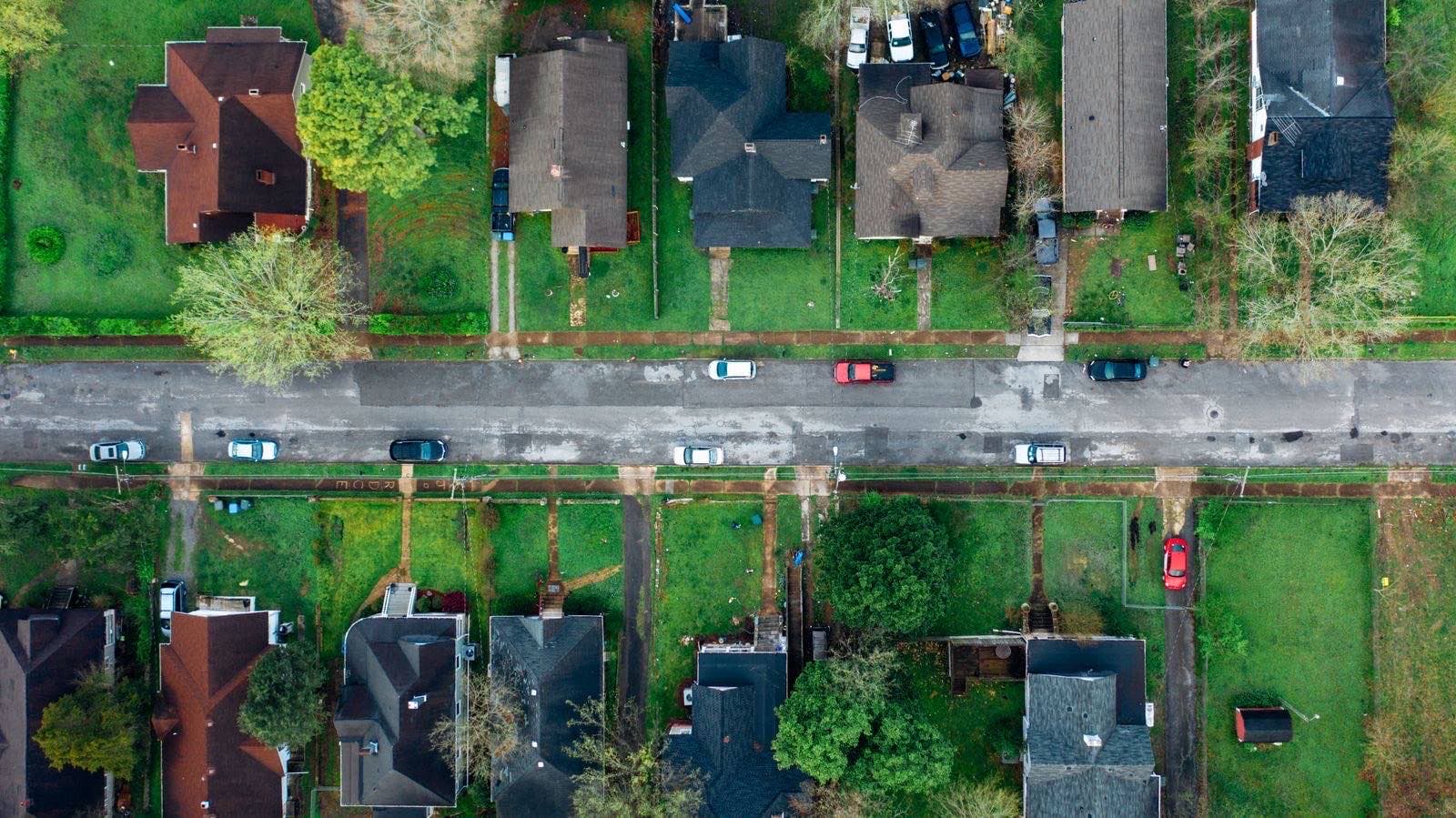 Aerial view of a tree-lined residential neighborhood